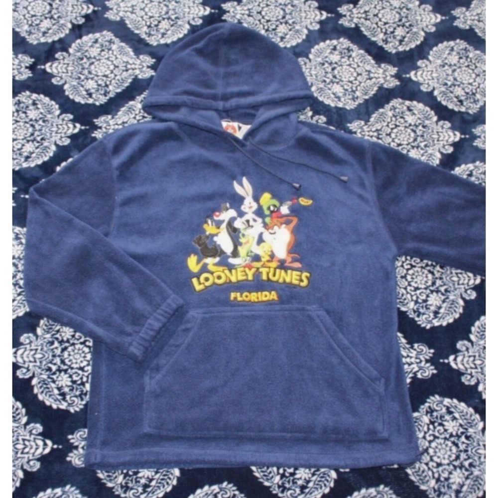 Vintage Looney Tunes Florida Taz Fleece Hoodie Blue Mens Medium Z119